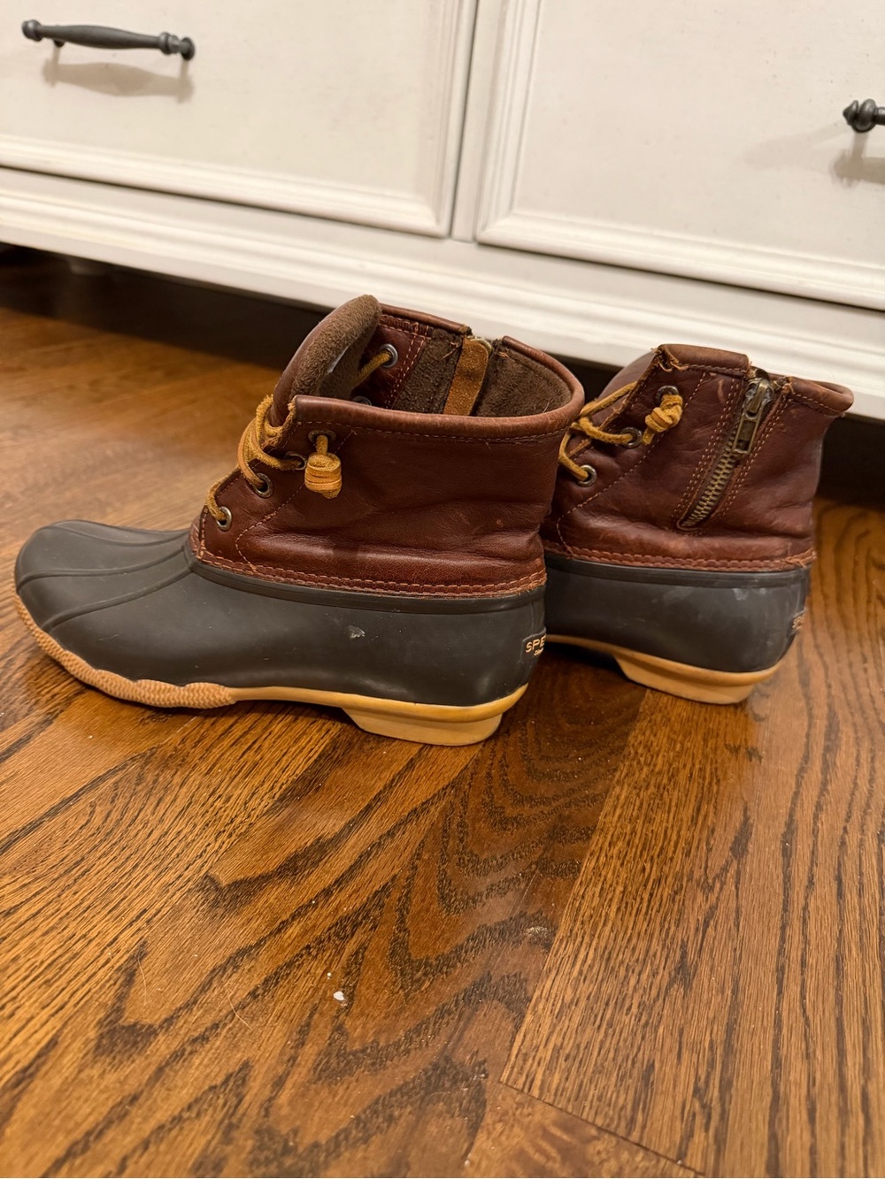 Sperry Brown Leather and Black Rubber Rain Boots with Tan Soles